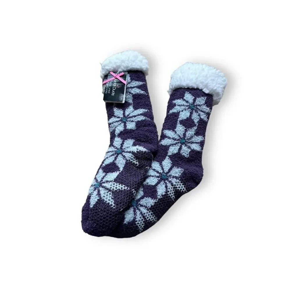 Cuddl Duds Purple & White Fluffy Sherpa Lined Snowflake Floral Print Socks NEW
